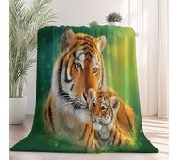 Sherpa Blanket, Close-Up Tiger Fantasy Animal Printed, Green Flannel Blanket for Kids Teens Adults Lightweight Cute Comfy Warm Microfiber Blanket for Bed, Couch and Travel 180×200 cm
