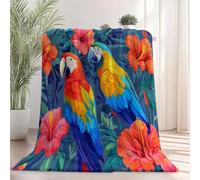 Sherpa Blanket, Tropical Elements Flowers Birds Printed, Blue Flannel Blanket for Kids Teens Adults Lightweight Cute Comfy Warm Microfiber Blanket for Bed, Couch and Travel 100×130 cm