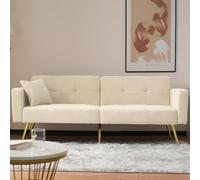Sherpa Convertible Sofa Bed with 2 Side Pockets, Adjustable Backrest, Golden Legs, Elegant Loveseat for Bedroom, 176L x 64W x 75H cm, Beige Aosom.UK