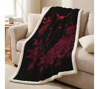 Sherpa Fleece Throw Blanket 150 x 180 cm, Reversible, Ultra Soft Comfortable Microfiber, Lightweight Breathable, All-Season Throw for Bed, Sofa & Couch, Black, Animal Mysterious Wolf