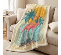 Sherpa Fleece Throw Blanket 150 x 200 cm, Reversible, Ultra Soft Comfortable Microfiber, Lightweight Breathable, All-Season Throw for Bed, Sofa & Couch, Beige, Illustration Bird Palm Trees