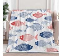 Sherpa Fleece Throw Blanket Hand-Drawn Doodle Fish Pattern Soft Warm Thick Flannel Fleece Blankets, White Cosy Fluffy Plaid Blankets - Bed Sofa Chair Couch Coffee Check 150 x 200 cm