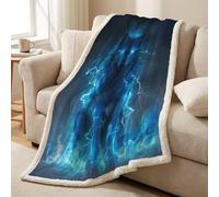 Sherpa Fleece Throw Blanket - Ultra Soft Warm Microfiber Plush Short Pile, Lightweight, All-Season Throw for Bed, Couch & Sofa, 59 x 79 in (150 x 200 cm), Blue, Animal Wolf Lightning