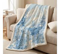 Sherpa Fleece Throw Blanket - Ultra Soft Warm Microfiber Plush Short Pile, Lightweight, All-Season Throw for Bed, Couch & Sofa, 59 x 79 in (150 x 200 cm), Blue and white, Landscape Trees Mountains