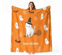 Sherpa Fluffy Flannel Blanket 28" x 39", Orange Color Soft Warm Cozy Throw Blankets for Bed Couch Sofa Armchairs Picnic - Reversible Cartoon Fantasy Cute Ghost Cat Printed Throw All Season Use