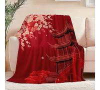 Sherpa Fluffy Flannel Blanket 59" x 79", Red Soft Warm Cozy Throw Blankets for Bed Couch Sofa Armchairs - Reversible Oriental Traditional Architecture Cherry Blossoms Printed Throw All Season Use