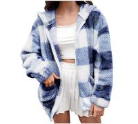 Sherpa Hoodie Women Fleece Jackets Women Comfortable Plus Size Tartan Coats Soft Plush Fluffy Hoodies Casual Zipper Cropped Pockets Jacket Loose Think Tops Warm Coat Zip Up Jackets for Blue XXL