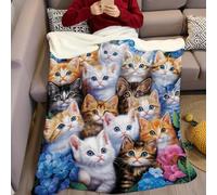 Sherpa Throw Blanket 130 x 150 cm Cartoon cat Soft Flannel Fleece Warm Lightweight Cozy Sofa Couch Bed Travel Camping Bedroom, blue