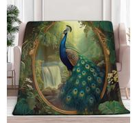 Sherpa Throw Blanket Forest Animal Peacock Fleece Blanket Double, Soft Fluffy Fuzzy Warm Blankets Throws for Bed and Couch, Large Thick Blankets for All Season Use, Green, 180x200 cm