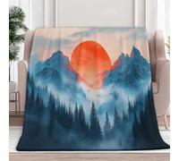 Sherpa Throw Blanket Mysterious Forest Red Sun Fleece Blanket Double, Soft Fluffy Fuzzy Warm Blankets Throws for Bed and Couch, Large Thick Blankets for All Season Use, Sky Blue, 130x150 cm
