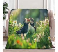 Sherpa Throw Blanket Puffin Meadows Fleece Blanket Double, Soft Fluffy Fuzzy Warm Blankets Throws for Bed and Couch, Large Thick Blankets for All Season Use, Grass Green, 130x150 cm