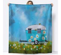 Sherpa Throw Blanket Retro Travel Trailer Daisies Butterflies 220 x 240 cm Fleece Super Fluffy Fleece Throw Blankets, Blue Lightweight Flannel Blankets Adults Kids Soft Warm Blanket