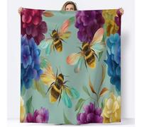 Sherpa Throw Blanket Retro Watercolor Bee Flowers 180 x 220 cm Fleece Super Fluffy Fleece Throw Blankets, Dark Green Lightweight Flannel Blankets Adults Kids Soft Warm Blanket