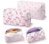 Sherr 2 Pack Cute Bow Corduroy Pencil Pouch Pink Bow Makeup Bag for Women Soft Quilted Pencil Case Kawaii Pen Box Bag for Women Office