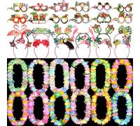 Sherr 36 Pcs Leis Luau Party Set Light up LED Hawaiian Flower Leis Necklaces Bulk Luau Glasses Headband for Tropical Birthday Summer Beach Wedding Party Favors Supplies Decoration