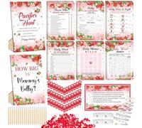Sherr 424 Pcs Strawberry Baby Shower Games Supplies, 6 Sets 300 Activities Cards 1 Pacifier Hunt Sign 50 Acrylic Pacifiers 1 How Big Is Mommy's Belly Sign 50 Guessing Card 2 Tapes 20 Pencils