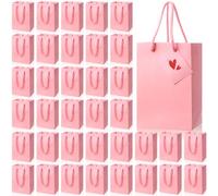 Sherr 50 Pcs Valentine Pink Gift Bags with Handles Tags 5.3 x 3.7 x 8.1 Inches Small Glossy Paper Bags Bulk Wedding Birthday Baby Shower Party Favor Gifts