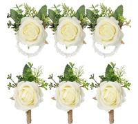 Sherr 6 Pcs Rose Wrist Corsage and Boutonniere Set Flower Wrist Corsage Wristlet Band Bracelet Bridegroom Men's Boutonniere Wedding Wristlet Hand Flower for Prom Party Bouquets (White)