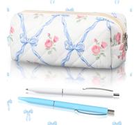 Sherr Coquette Bow Pencil Case Blue Floral Bow Cute Pencil Pouch Soft Cotton Storage Bag Aesthetic Pattern Gift Makeup Pouch Cosmetic Bag for Women Adults