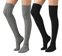 SherryDC Women's Cable Knit Thigh High Boot Socks Extra Long Winter Stockings Leg Warmers, 2 Packs Grey+black, One size
