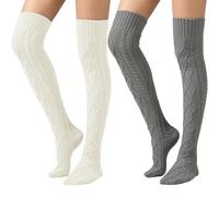 SherryDC Women's Cable Knit Thigh High Boot Socks Extra Long Winter Stockings Leg Warmers, 2 Packs Grey+white, One Size
