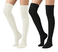 SherryDC Women's Cable Knit Thigh High Boot Socks Extra Long Winter Stockings Leg Warmers, 2 Packs White+black, One Size