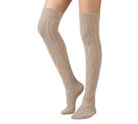 SherryDC Women's Cable Knit Thigh High Boot Socks Extra Long Winter Stockings Leg Warmers - beige - One Size