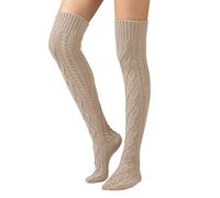 SherryDC Women's Cable Knit Thigh High Boot Socks Extra Long Winter Stockings Leg Warmers - beige - One Size