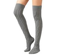 SherryDC Women's Cable Knit Thigh High Boot Socks Extra Long Winter Stockings Leg Warmers - grey - One Size