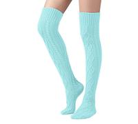 SherryDC Women's Cable Knit Thigh High Boot Socks Extra Long Winter Stockings Leg Warmers, Light Blue, One Size