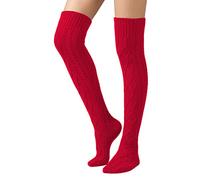 SherryDC Women's Cable Knit Thigh High Boot Socks Extra Long Winter Stockings Leg Warmers, Red, One Size