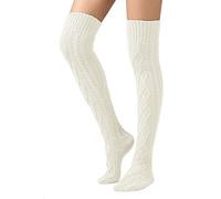 SherryDC Women's Cable Knit Thigh High Boot Socks Extra Long Winter Stockings Leg Warmers - white - One Size
