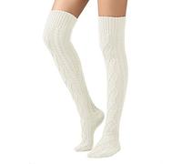 SherryDC Women's Cable Knit Thigh High Boot Socks Extra Long Winter Stockings Leg Warmers - white - One Size