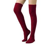 SherryDC Women's Cable Knit Thigh High Boot Socks Extra Long Winter Stockings Leg Warmers, Wine, One size