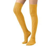 SherryDC Women's Cable Knit Thigh High Boot Socks Extra Long Winter Stockings Leg Warmers, Yellow, One size