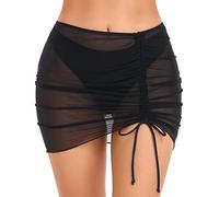 SHERRYLO Swimsuit Coverup for Women Drawstring Ruched Sheer Swim Skirt Beach Mesh Bathing Suit Cover Ups Sexy Bikini Cover Up, Sheer Black, Large