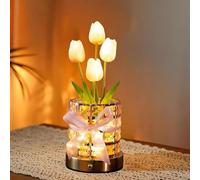 Sherum Tulip Bloom Light, Libiyi Vueeze Tulip Bloom Lights, LED Rechargeable Cordless Small Desk Lamp, 3 Colors Dimmable Artificial Flowers Night Light with Bouquet 5 Tulip and Vase (Pink)