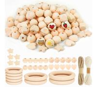 Sheryl&Rain 131 Pcs Macrame Wooden Beads and Rings Set, Natural Round Wooden Beads Set, Stars Heart Octagonal Balls Woodens Bead with Hole, 20m Hemp Rope for DIY Jewelry Accessories Decor