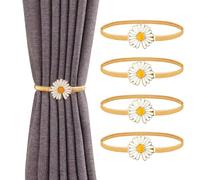 Sheryl&Rain 4Pcs Curtain Tiebacks rope,Daisy Curtain Tie Backs Metal Curtain Holdbacks,Adjustable Curtain Tiebacks Clips with Metal Spring Rope for Bedroom Office Home Window Decoration (Gold Daisy)