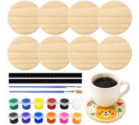 Sheryl&Rain 8 Pcs Unfinished Wooden Coasters, Wood Coasters 10cm with 12 Pigments & Brushes, Round Blank Wooden Coaster with 40 Soft Foot Pads, Pyrography Wood Blank for Drinks,Crafts, Laser Engraving