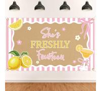 She's Freshly Fourteen Backdrop - Pink Bow Daisy 14th Birthday Decor, Lemon Theme 14th Birthday Party Decorations 5 * 3ft