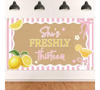 She's Freshly Thirteen Backdrop - Pink Bow Daisy 13th Birthday Decor, Lemon Theme 13th Birthday Party Decorations 5 * 3ft
