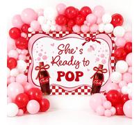 She's Ready to Pop Backdrop with 75 Pcs Balloons 7 x 5 ft Red Coquette Soda Theme Party Decorations Retro Soda Baby Shower Banner Backdrop Kit for Gender Reveal Photo Booth Birthday Party Supplies