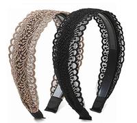 She's Shining 2 Pieces Elegant Lace Headbands Women Vintage Wide Floral Lace Headwrap (Black, Brown)