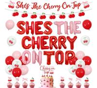 She's the Cherry on Top Birthday Decorations Red Cherry Theme Banner Garland Cherry Letter Foil Balloons Banner Sweet Cherry Cupcake Toppers for Girl Birthday Party Baby Shower Decor Supplies