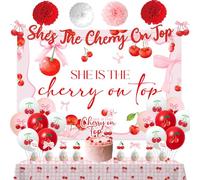 She's the Cherry on Top Party Decorations Banner Glitter Pink Bow Cherry Backdrop Tablecloth Tissue Pom Poms Coquette Cherries Cupcake Cake Topper Balloons for Girls Women Baby Bridal Shower Supplies