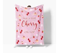She's The Cherry On Top Pink Aesthetic Throw Blanket Cute Cherry & Strawberry Dessert Flannel Blanket for Bedroom Couch Living Room, for Girls, Soft Cozy Blanket for Lounging & Gifting