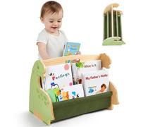 SheSeek Toddler Bookshelf Double-Sided with 4 Tier Deep Sleeves Kids Wooden Montessori Book Rack for Baby Nursery Room, Playroom, Classroom or Bedroom Bookcase Storage Organizer, Green Dinosaur