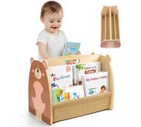 SheSeek Toddler Bookshelf Double-Sided with 4 Tier Deep Sleeves Kids Wooden Montessori Book Rack for Baby Nursery Room, Playroom, Classroom or Bedroom Bookcase Storage Organizer, Brown Bear