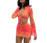 SHESEEWORLD Women's Sexy Long Sleeve 2 Pieces Sheer Mesh Cover Up Dress Crop Top Bodycon Ruched Y2K Mini Skirt Sets, Orange, Large